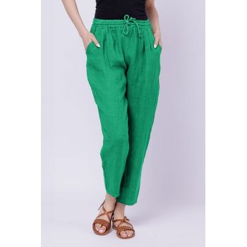 Pantaloni pana din in, cu siret in talie, verde