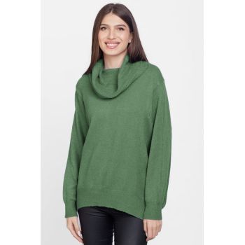 Pulover cu guler inalt elegant, din vascoza si lana, verde