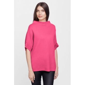 Pulover elegant cu maneca scurta si nasture, din vascoza, fucsia