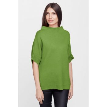 Pulover elegant cu maneca scurta si nasture, din vascoza, verde olive