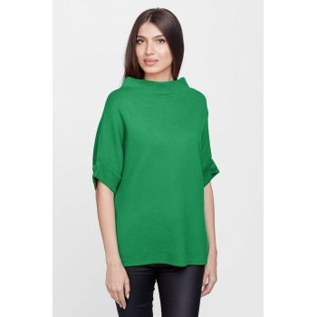 Pulover elegant cu maneca scurta si nasture, din vascoza, verde