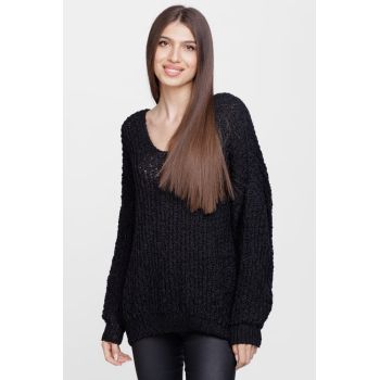 Pulover oversize, cu ochiuri mari si decolteu in V, negru