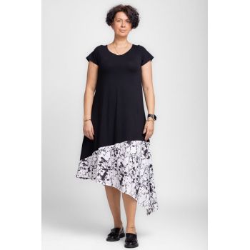 Rochie A-line cu colt alb-negru marmorat, din jerseu de bumbac