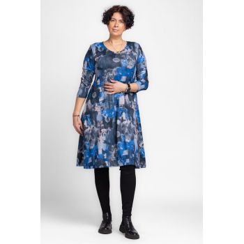 Rochie A line midi, din jerseu de vascoza, cu imprimeu albastru-gri