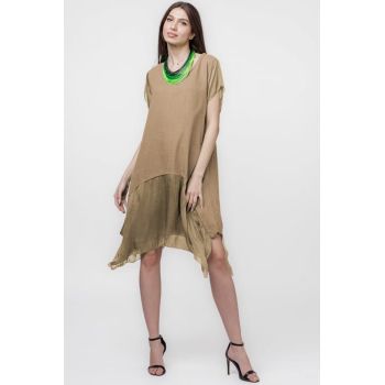 Rochie din in cu volan din matase naturala si colturi, camel