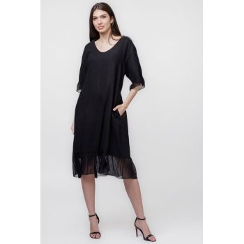 Rochie din in neagra cu volane din matase si snur in talie