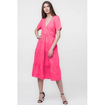 Rochie fucsia din in cu volane si bust petrecut