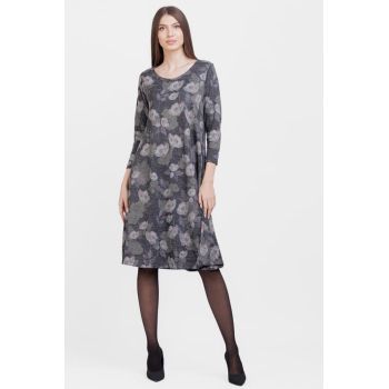 Rochie gri A line midi cu imprimeu flori albe, din jerseu de vascoza cu lurex