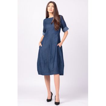 Rochie lalea cambrata, cu fermoar, din denim albastru, subtire