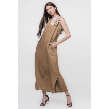 Rochie lunga A-line din in, fara maneci, camel