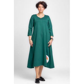 Rochie lunga A-line din jerseu punto milano verde cu aplicatie flori