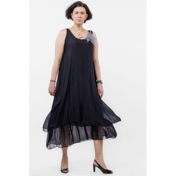 Rochie lunga A-line, suprapusa, din matase naturala, neagra