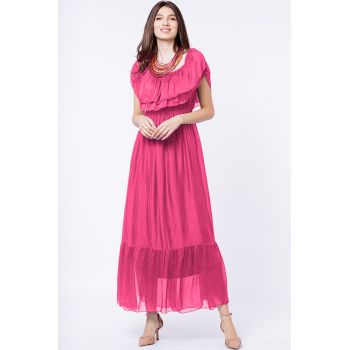 Rochie lunga, fucsia, din matase naturala, cu volan pe umeri