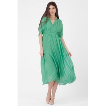 Rochie lunga in colturi, din matase naturala, cu bust petrecut, verde