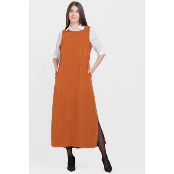 Rochie lunga sarafan, A-line, din catifea, cu jacheta cadou, caramizie