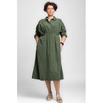 Rochie masura mare din catifea reiata taiata in talie, verde kaki