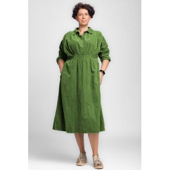 Rochie masura mare din catifea reiata taiata in talie, verde olive