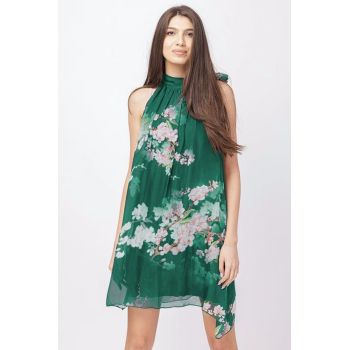 Rochie scurta din matase naturala verde, cu flori de cires