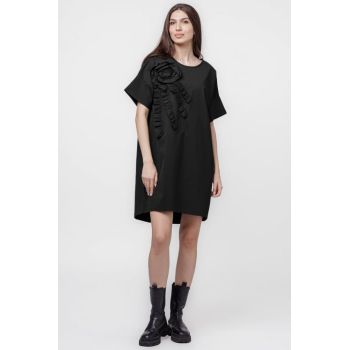 Rochie scurta, dreapta,cu aplicatie boboc, din jerseu de bumbac, neagra