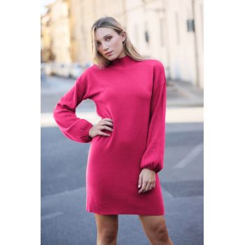 Rochie scurta tricotata cu maneca bufanta, fucsia