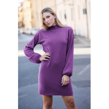 Rochie scurta tricotata cu maneca bufanta, mov