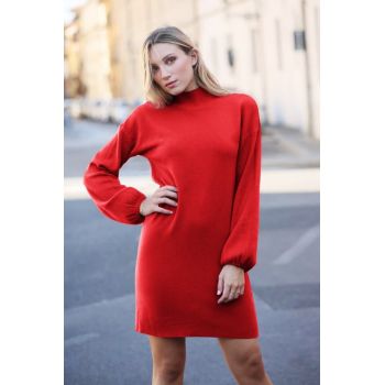 Rochie scurta tricotata cu maneca bufanta, rosie