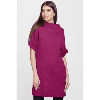 Rochie scurta tricotata, cu maneca scurta si nasture, din vascoza, magenta