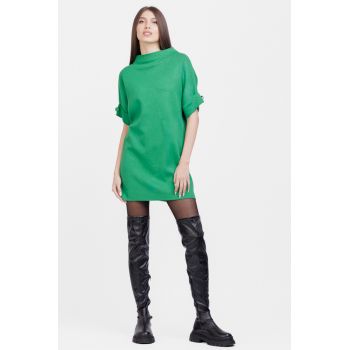 Rochie scurta tricotata, cu maneca scurta si nasture, din vascoza, verde