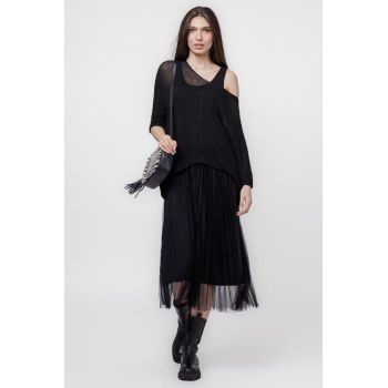 Rochie suprapusa cu puloveras si tulle plisat, neagra