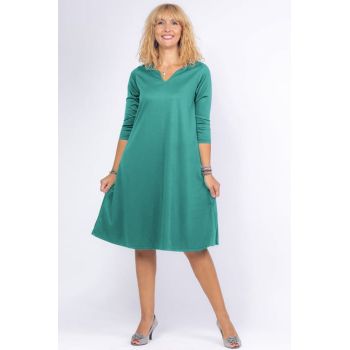 Rochie uni turcoaz A line midi, cu decolteu traditional