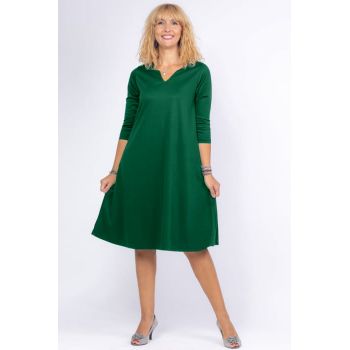 Rochie uni verde inchis A line midi, cu decolteu traditional