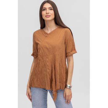 Bluza creponata in colturi, din bumbac camel