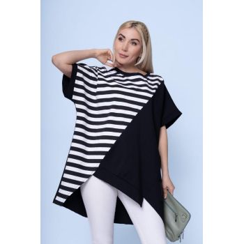 Bluza cu colturi asimetrice, neagra cu dungi albe pe diagonala