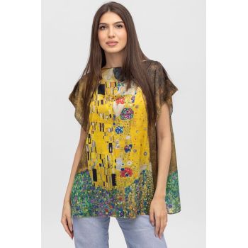 Bluza de vara tip poncho din matase cu reproducere dupa   Sarutul    de Gustav Klimt