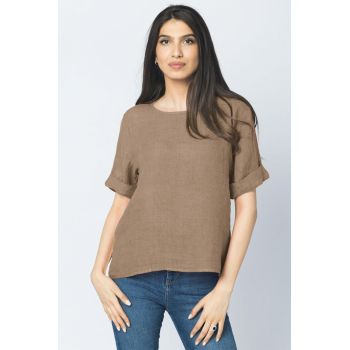 Bluza din in camel cu nasturi pe spate