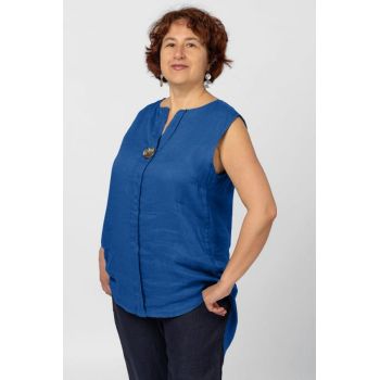 Bluza fara maneci din in cu nasture metalic decorativ, albastra