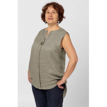 Bluza fara maneci din in cu nasture metalic decorativ, bej inchis