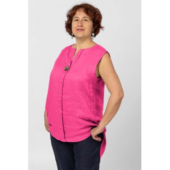 Bluza fara maneci din in cu nasture metalic decorativ, fucsia