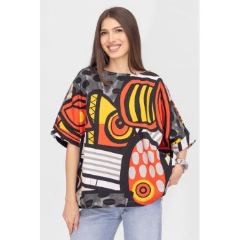 Bluza lalea oversize din poplin satinat de bumbac cu imprimeu geometric multicolor