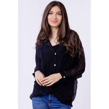 Bluza tip camasa, cu fald, din matase naturala neagra, cu dublura