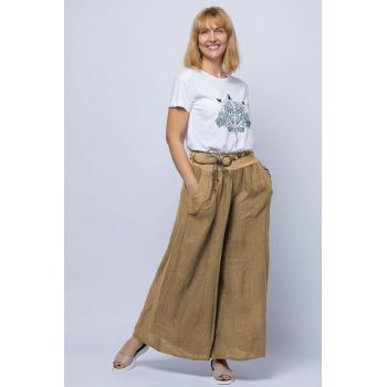 Fusta pantalon camel, casual, din in, cu o curea fancy