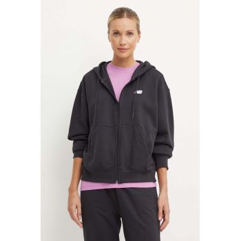 New Balance bluza femei, culoarea negru, cu glugă, cu imprimeu, WJ41501BK