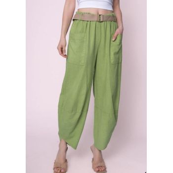Pantaloni de vara din in si bumbac, stil salvari, verde olive