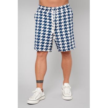 Pantaloni scurti cu imprimeu houndstooth si snur de ajustare in talie