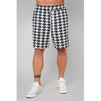 Pantaloni scurti cu imprimeu houndstooth si snur de ajustare in talie