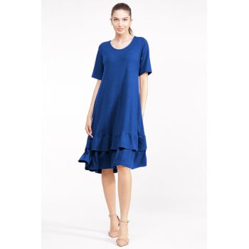 Rochie A line midi, cu doua volane poale, din vascoza albastra