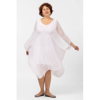 Rochie alba, midi, ampla, din matase naturala, cu detaliu sub bust, in colturi