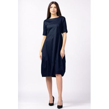 Rochie bleumarin, lalea, cambrata, cu fermoar, din poplin de bumbac