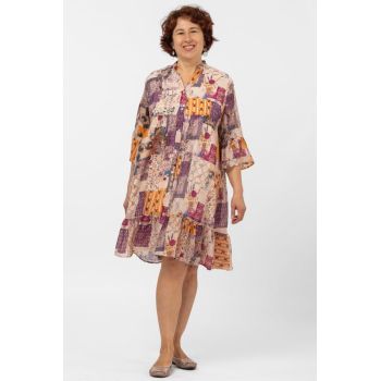 Rochie de vara midi cu imprimeu floral pe fond portocaliu