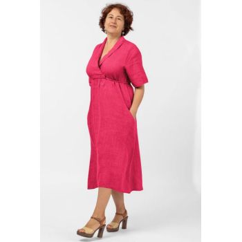 Rochie din in, cu decolteu in V si siret sub bust, fucsia